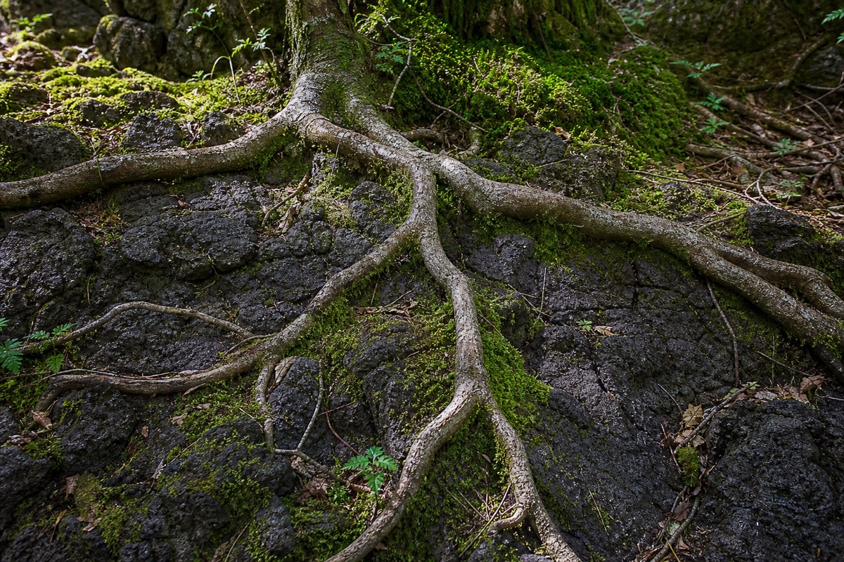 Tree roots spreading horizontally over exposed lava rock in Aokigahara forest
