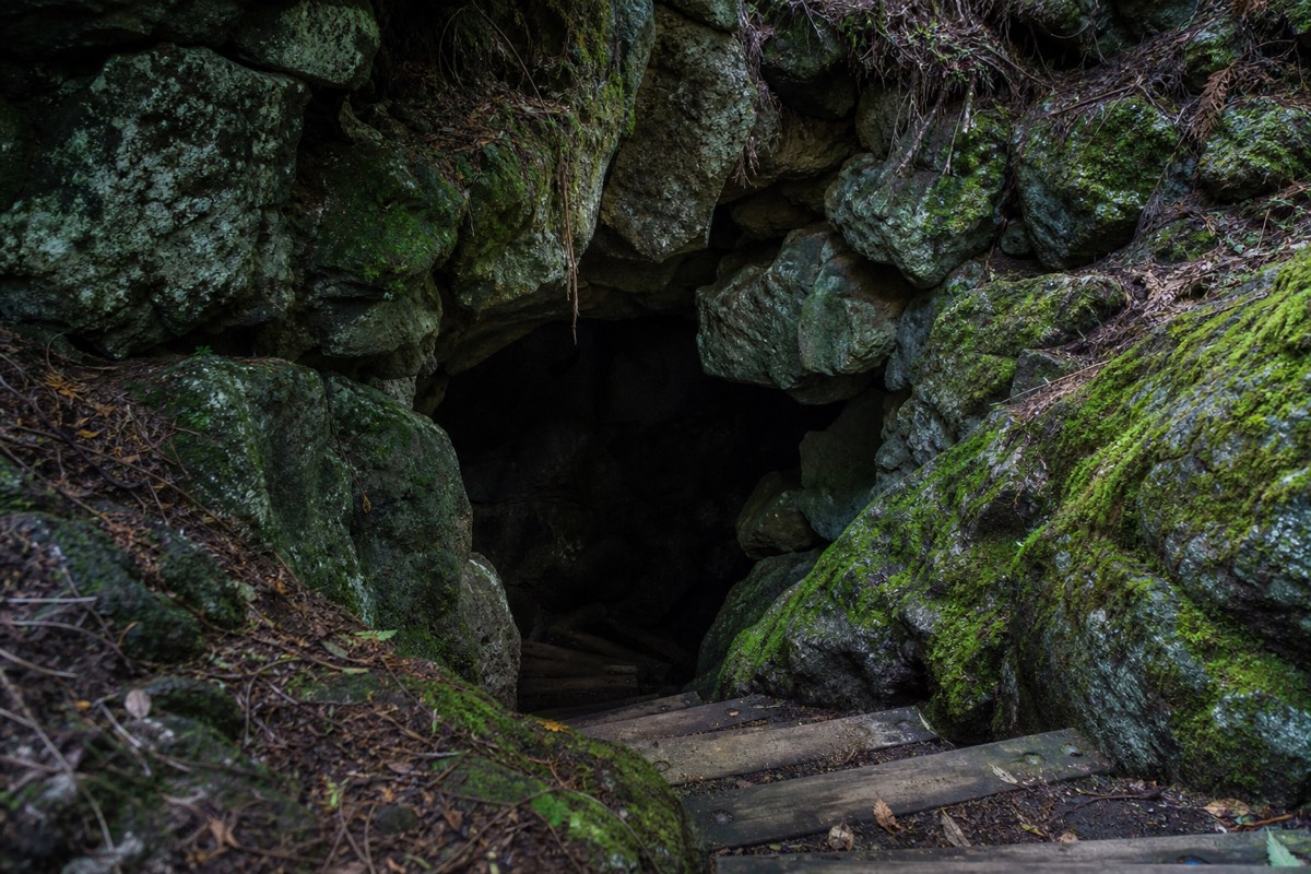 Wooden steps leading down into the moss-framed stone entrance of Fugaku Wind Cave near Mt. Fuji
