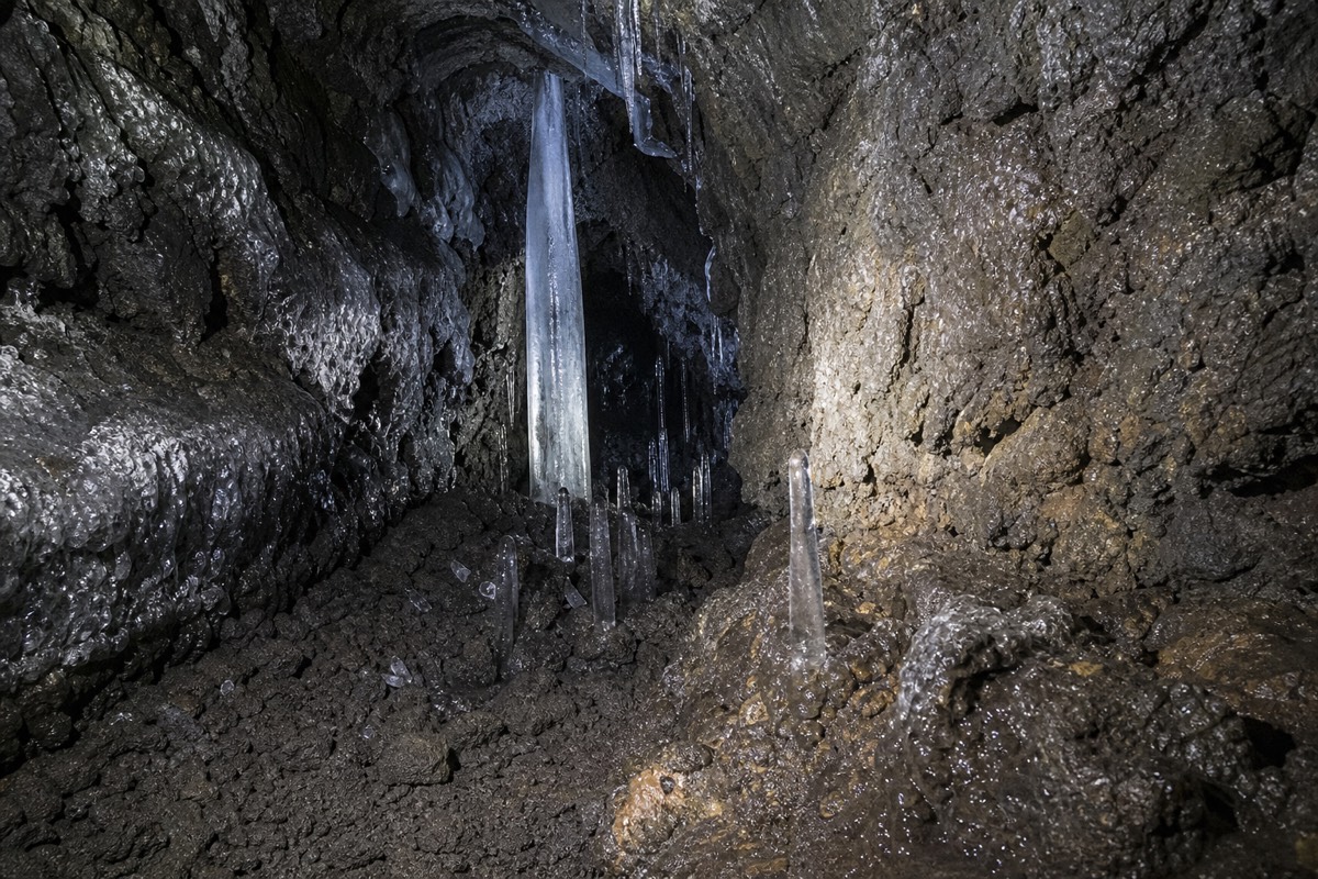 Inside the natural ice formations of a Mt. Fuji lava-tube cave