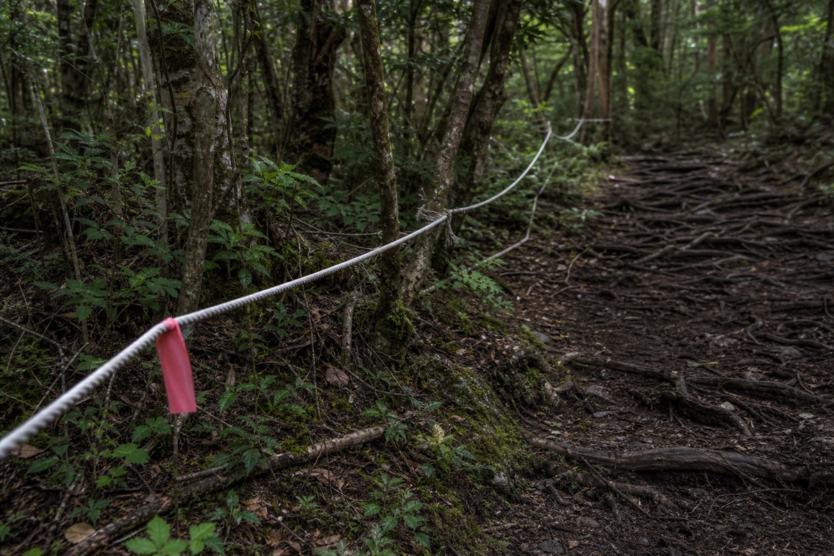 A guide rope marking the designated route along a forest trail in Aokigahara