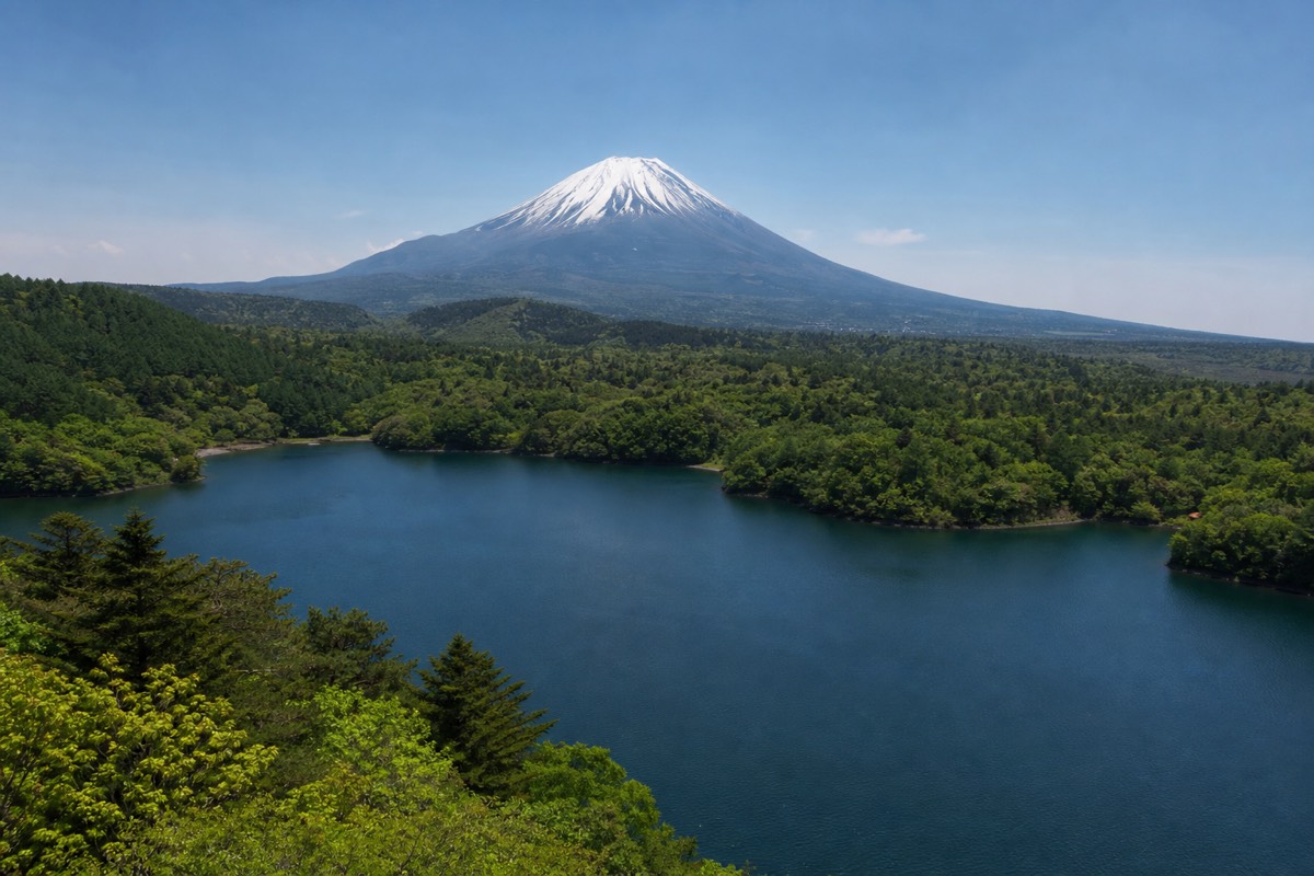 Aerial view over the Fuji Five Lakes region with Mount Fuji and forested shoreline