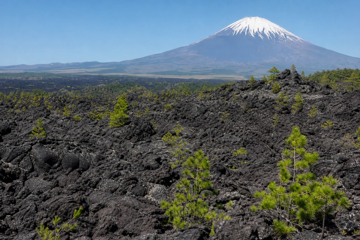 Tree roots spreading across hardened volcanic lava rock in Aokigahara